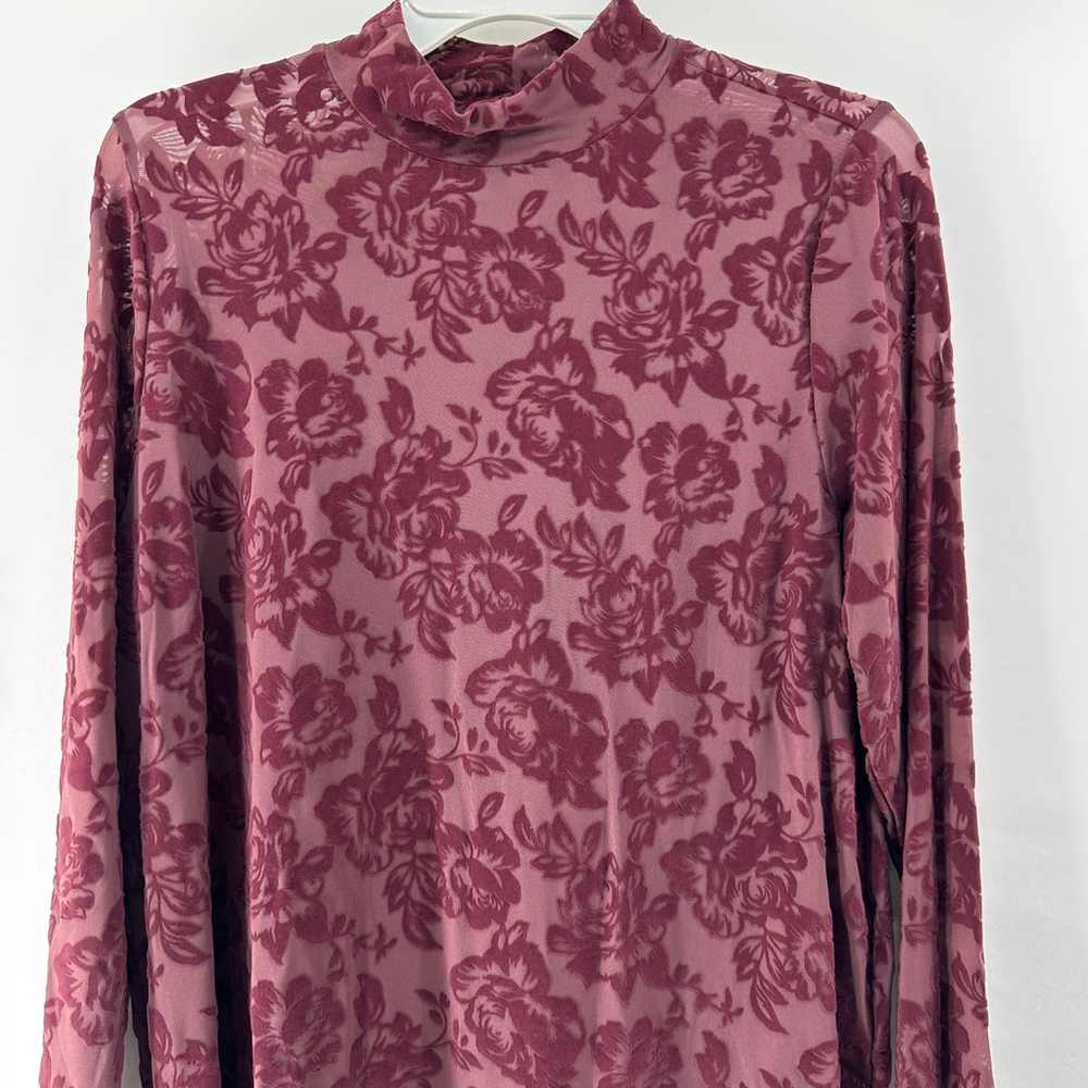 TORRID Burgundy FLORAL Mock Neck Long Sleeve SHEER Top WOMENS PLUS SIZE 0 12 14 - Picture 3 of 8